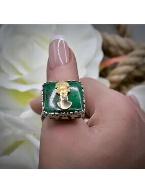Vintage Peruvian Tumi Ring 18k Gold 925 Silver Malachite Inca Warrior Band Sz 7